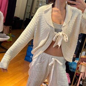 INC silk cozy Cream Knit Cardigan with Tie Front
